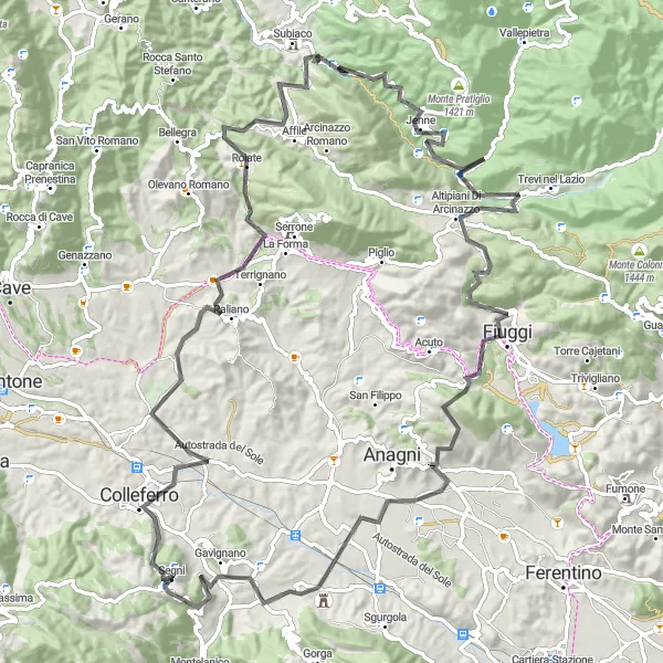 Miniatura della mappa di ispirazione al ciclismo "Percorso ciclabile attraverso Altipiani Di Arcinazzo e Segni" nella regione di Lazio, Italy. Generata da Tarmacs.app, pianificatore di rotte ciclistiche