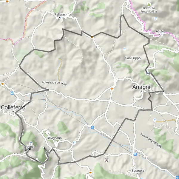 Miniatura della mappa di ispirazione al ciclismo "Giro ciclistico tra Segni e Anagni" nella regione di Lazio, Italy. Generata da Tarmacs.app, pianificatore di rotte ciclistiche