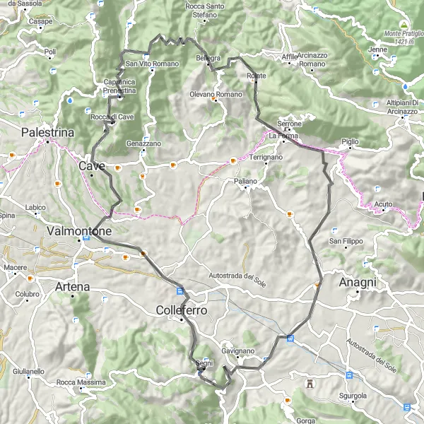 Miniatura della mappa di ispirazione al ciclismo "Giro delle Rocche" nella regione di Lazio, Italy. Generata da Tarmacs.app, pianificatore di rotte ciclistiche