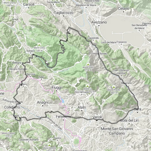 Miniatura della mappa di ispirazione al ciclismo "Tour della Vallepietra" nella regione di Lazio, Italy. Generata da Tarmacs.app, pianificatore di rotte ciclistiche