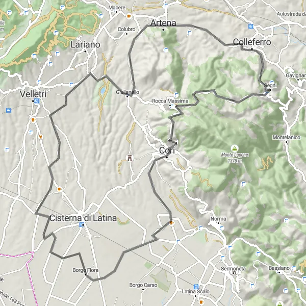 Map miniature of "Monte Pratiglio and Rocca Massima Circuit" cycling inspiration in Lazio, Italy. Generated by Tarmacs.app cycling route planner