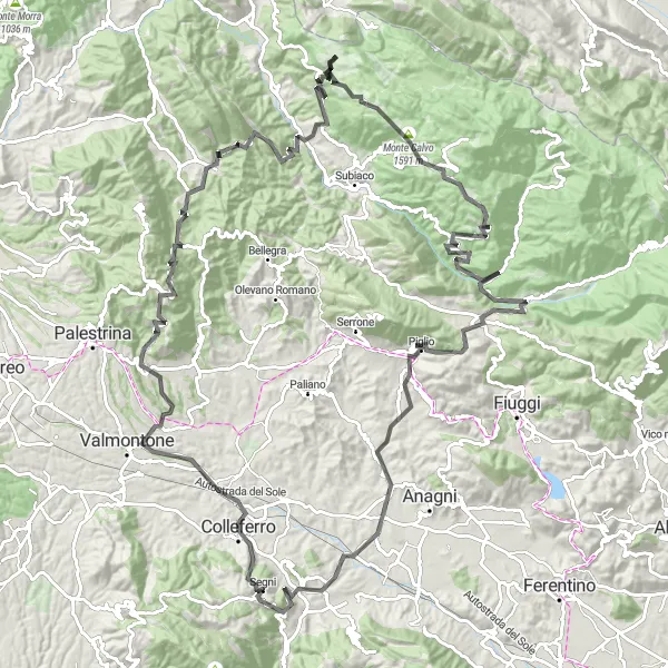 Miniatura della mappa di ispirazione al ciclismo "Scoperta dei Monti Simbruini" nella regione di Lazio, Italy. Generata da Tarmacs.app, pianificatore di rotte ciclistiche