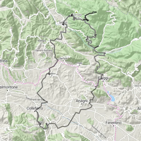 Miniatura della mappa di ispirazione al ciclismo "Giro in bicicletta da Segni con salita a Subiaco" nella regione di Lazio, Italy. Generata da Tarmacs.app, pianificatore di rotte ciclistiche