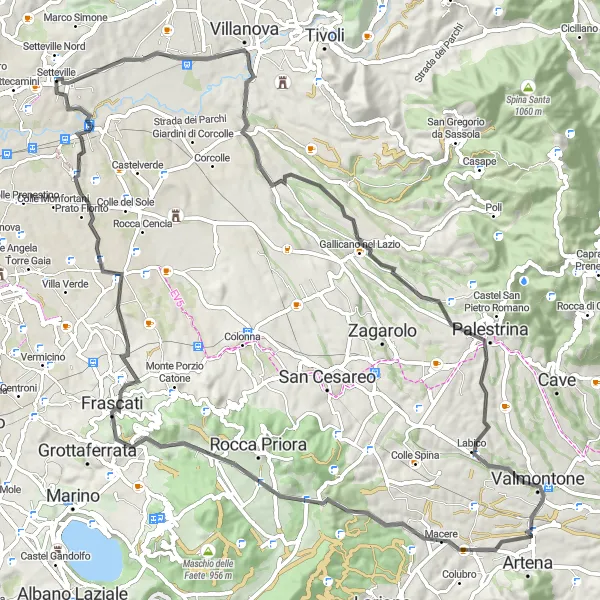 Miniatura della mappa di ispirazione al ciclismo "Giro in Bici attraverso Montagne e Castelli intorno a Setteville" nella regione di Lazio, Italy. Generata da Tarmacs.app, pianificatore di rotte ciclistiche