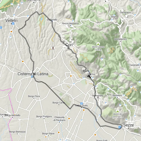Map miniature of "The Latina Scalo Adventure" cycling inspiration in Lazio, Italy. Generated by Tarmacs.app cycling route planner