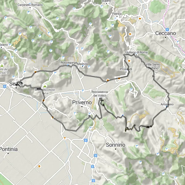 Map miniature of "Cycling Through Roccagorga and Roccasecca dei Volsci" cycling inspiration in Lazio, Italy. Generated by Tarmacs.app cycling route planner
