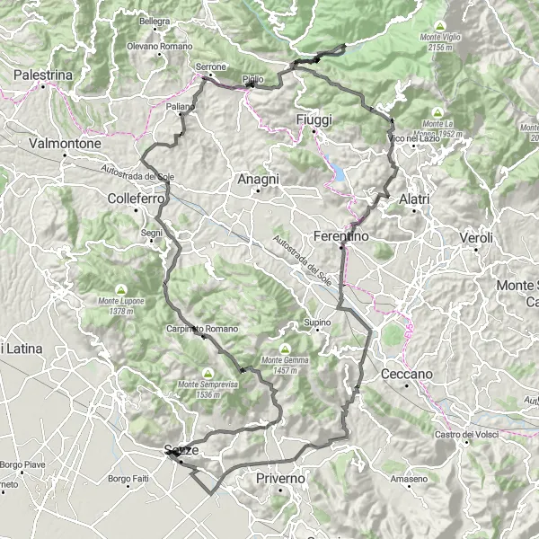 Miniatura della mappa di ispirazione al ciclismo "Avventuroso giro in mountain bike da Sezze Scalo a Trevi nel Lazio" nella regione di Lazio, Italy. Generata da Tarmacs.app, pianificatore di rotte ciclistiche