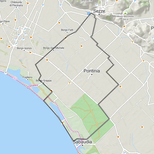 Miniatura della mappa di ispirazione al ciclismo "Scoperta della natura nei dintorni di Sezze" nella regione di Lazio, Italy. Generata da Tarmacs.app, pianificatore di rotte ciclistiche