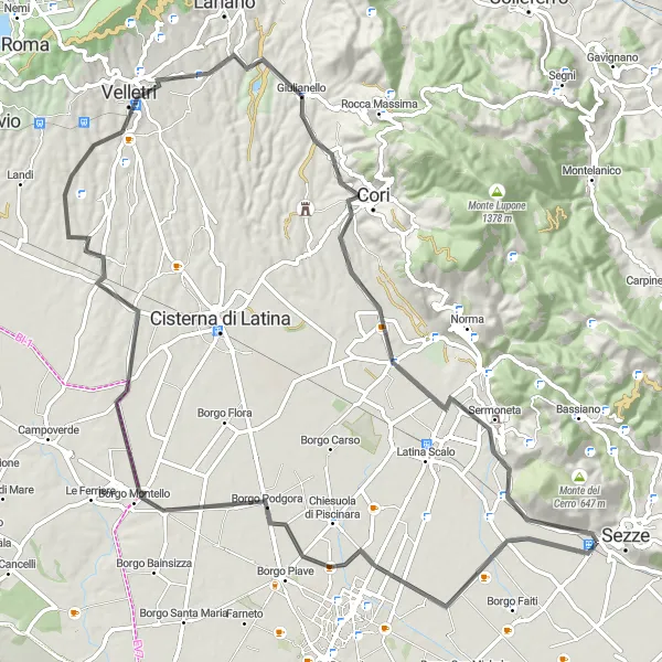Map miniature of "Charming Villages of Sezze" cycling inspiration in Lazio, Italy. Generated by Tarmacs.app cycling route planner