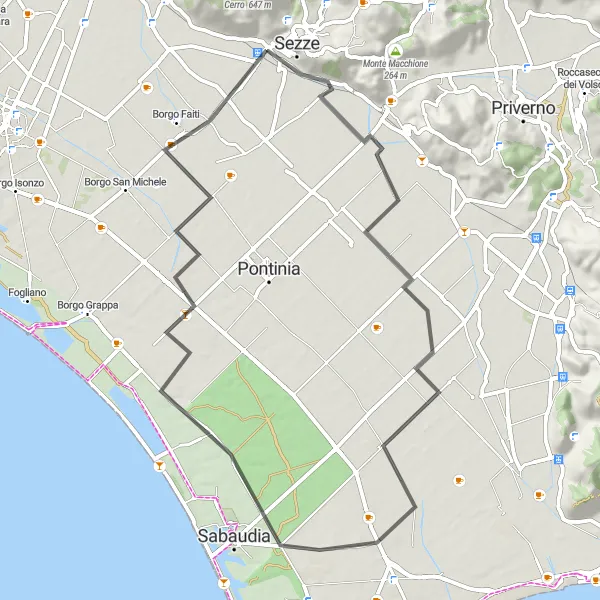 Miniatura della mappa di ispirazione al ciclismo "Giro rilassante nei dintorni di Sezze" nella regione di Lazio, Italy. Generata da Tarmacs.app, pianificatore di rotte ciclistiche