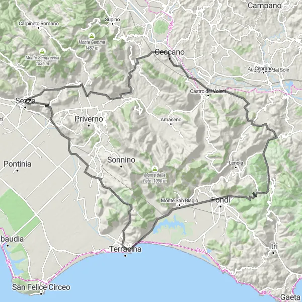 Map miniature of "The Limestone Adventure" cycling inspiration in Lazio, Italy. Generated by Tarmacs.app cycling route planner