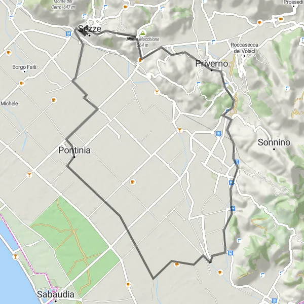 Miniatura della mappa di ispirazione al ciclismo "Esplorazione delle colline vicino a Sezze" nella regione di Lazio, Italy. Generata da Tarmacs.app, pianificatore di rotte ciclistiche