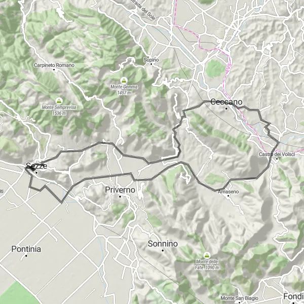 Map miniature of "Countryside Loop to Roccasecca dei Volsci" cycling inspiration in Lazio, Italy. Generated by Tarmacs.app cycling route planner