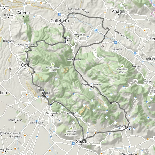 Map miniature of "Sezze to Lazio Loop" cycling inspiration in Lazio, Italy. Generated by Tarmacs.app cycling route planner