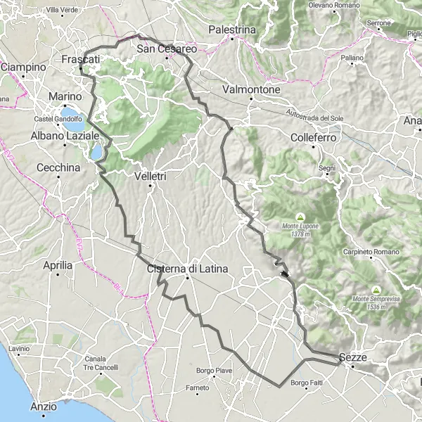 Miniatura della mappa di ispirazione al ciclismo "Giro panoramico intorno a Sezze" nella regione di Lazio, Italy. Generata da Tarmacs.app, pianificatore di rotte ciclistiche