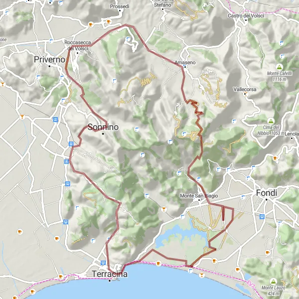 Map miniature of "Gravel Adventure Loop near Sonnino" cycling inspiration in Lazio, Italy. Generated by Tarmacs.app cycling route planner