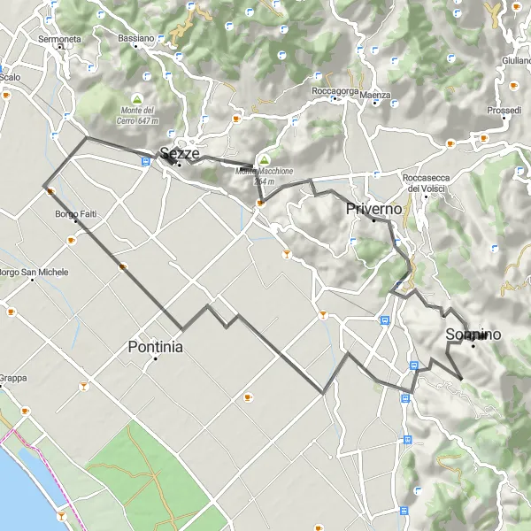 Map miniature of "Sonnino Devil's Bridge Loop" cycling inspiration in Lazio, Italy. Generated by Tarmacs.app cycling route planner