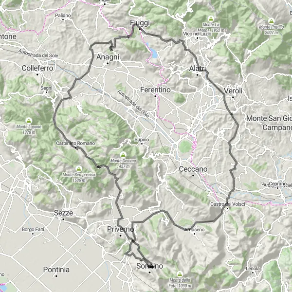 Miniatura della mappa di ispirazione al ciclismo "Giro in bicicletta da Sonnino attraverso Fiuggi e Alatri" nella regione di Lazio, Italy. Generata da Tarmacs.app, pianificatore di rotte ciclistiche