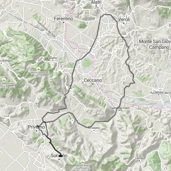 Map miniature of "The Volsci Challenge" cycling inspiration in Lazio, Italy. Generated by Tarmacs.app cycling route planner