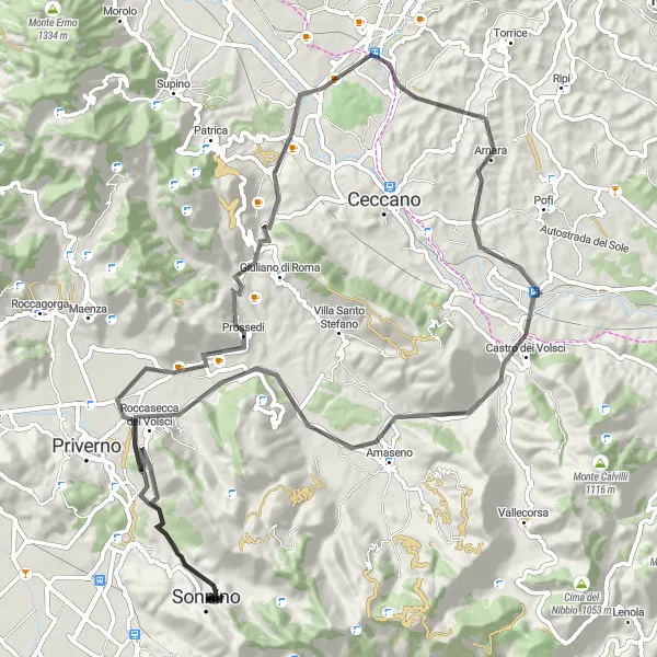 Map miniature of "Circular Road Route from Sonnino" cycling inspiration in Lazio, Italy. Generated by Tarmacs.app cycling route planner