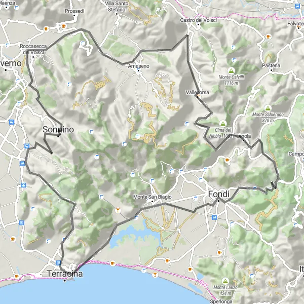 Miniatura della mappa di ispirazione al ciclismo "Giro delle vette e dei borghi" nella regione di Lazio, Italy. Generata da Tarmacs.app, pianificatore di rotte ciclistiche