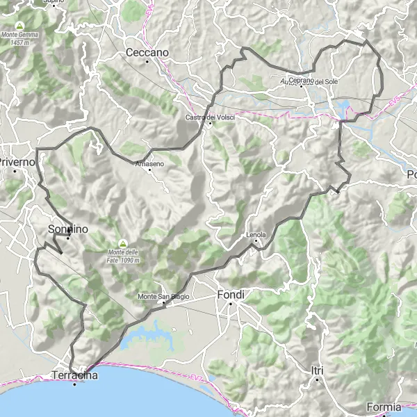 Map miniature of "Scenic Road Cycle Loop from Sonnino" cycling inspiration in Lazio, Italy. Generated by Tarmacs.app cycling route planner