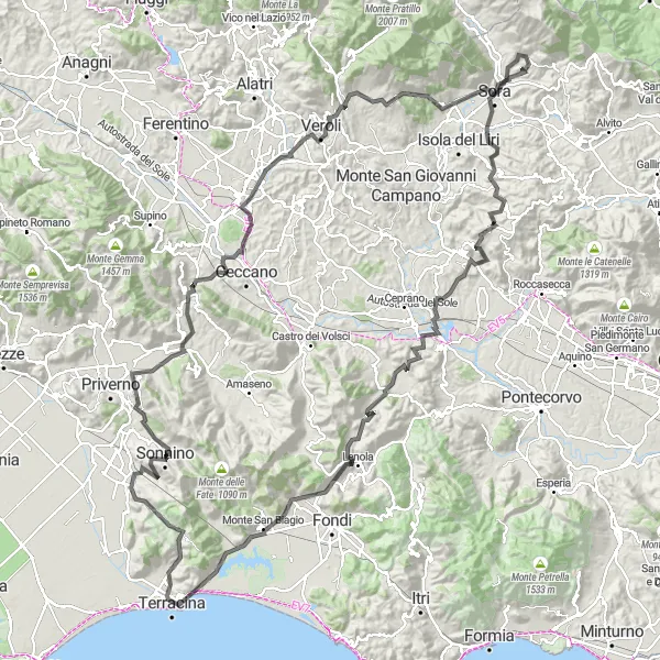 Miniatura della mappa di ispirazione al ciclismo "Avventura in bicicletta tra Prossedi e Terracina" nella regione di Lazio, Italy. Generata da Tarmacs.app, pianificatore di rotte ciclistiche