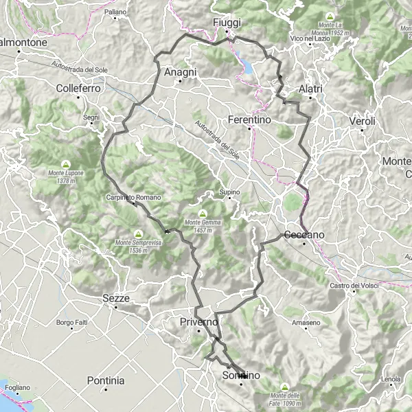 Map miniature of "The Grand Volsci Tour" cycling inspiration in Lazio, Italy. Generated by Tarmacs.app cycling route planner