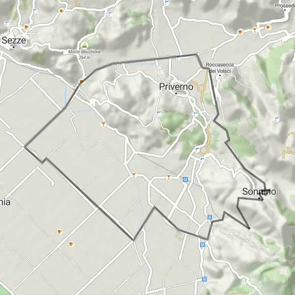 Map miniature of "Short Road Ride from Sonnino" cycling inspiration in Lazio, Italy. Generated by Tarmacs.app cycling route planner