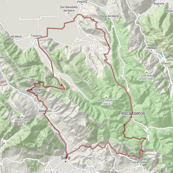 Map miniature of "Gravel adventure in the mountains near Sora" cycling inspiration in Lazio, Italy. Generated by Tarmacs.app cycling route planner