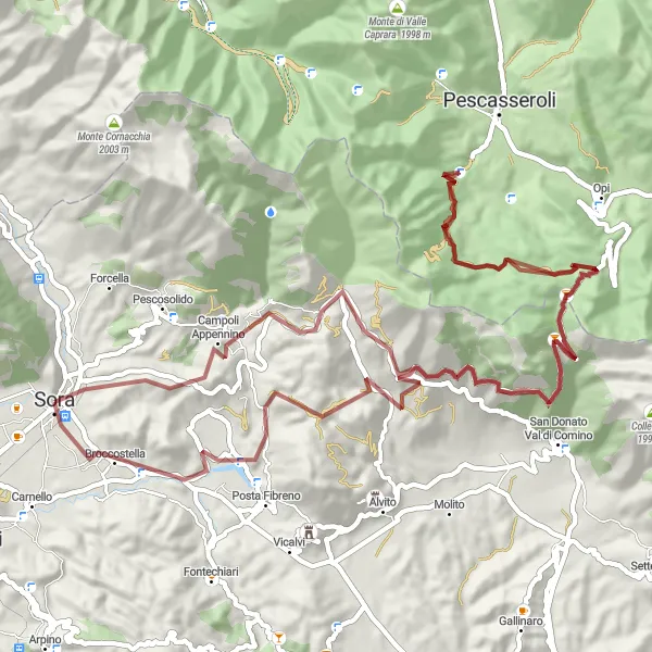 Map miniature of "Off-road adventure to stunning viewpoints near Sora" cycling inspiration in Lazio, Italy. Generated by Tarmacs.app cycling route planner
