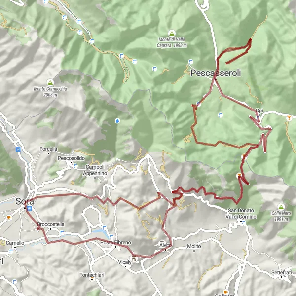 Map miniature of "Gravel Adventure to Alvito" cycling inspiration in Lazio, Italy. Generated by Tarmacs.app cycling route planner