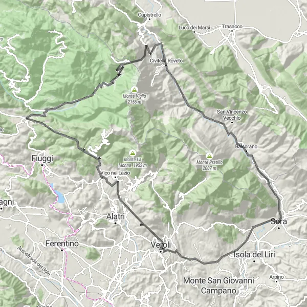 Map miniature of "Cycling through the heart of Sora" cycling inspiration in Lazio, Italy. Generated by Tarmacs.app cycling route planner