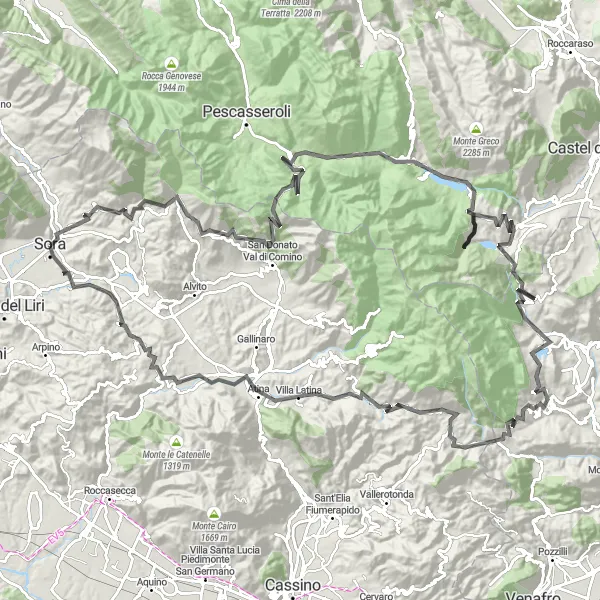 Map miniature of "Cycling adventure through the mountains and valleys of Sora" cycling inspiration in Lazio, Italy. Generated by Tarmacs.app cycling route planner