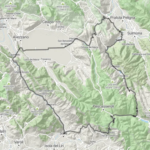 Map miniature of "Visiting Medieval Villages of Sora" cycling inspiration in Lazio, Italy. Generated by Tarmacs.app cycling route planner