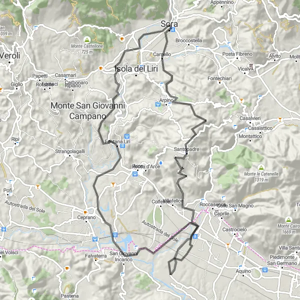Map miniature of "Scenic Countryside Ride to Arpino" cycling inspiration in Lazio, Italy. Generated by Tarmacs.app cycling route planner