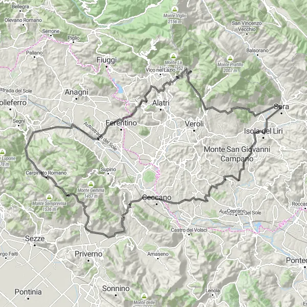 Map miniature of "A scenic road cycling adventure near Sora" cycling inspiration in Lazio, Italy. Generated by Tarmacs.app cycling route planner