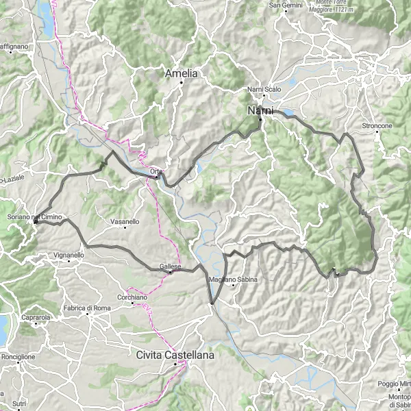 Miniatura della mappa di ispirazione al ciclismo "Giro delle Colline Umbre" nella regione di Lazio, Italy. Generata da Tarmacs.app, pianificatore di rotte ciclistiche