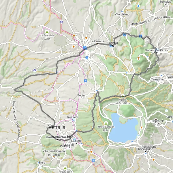 Miniatura della mappa di ispirazione al ciclismo "Giro delle Colline Viterbesi" nella regione di Lazio, Italy. Generata da Tarmacs.app, pianificatore di rotte ciclistiche