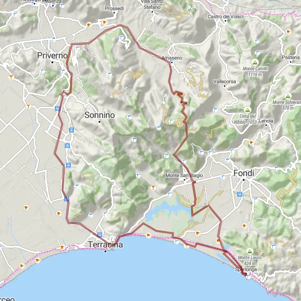 Miniatura della mappa di ispirazione al ciclismo "Circuito in bicicletta gravel tra Fossanova e Monte Rotondo" nella regione di Lazio, Italy. Generata da Tarmacs.app, pianificatore di rotte ciclistiche