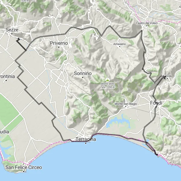 Miniatura della mappa di ispirazione al ciclismo "Tra natura e storia: Borgo Hermada e Fondi in bicicletta" nella regione di Lazio, Italy. Generata da Tarmacs.app, pianificatore di rotte ciclistiche