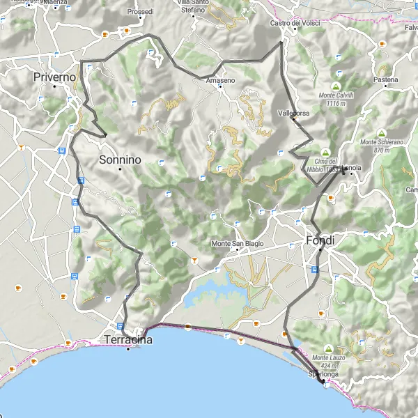 Miniatura della mappa di ispirazione al ciclismo "Percorso in bicicletta da Sperlonga a Monte Chiavino" nella regione di Lazio, Italy. Generata da Tarmacs.app, pianificatore di rotte ciclistiche