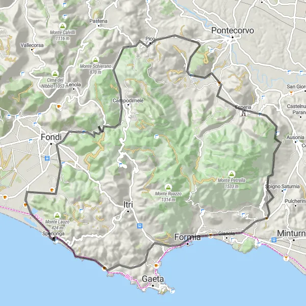 Miniatura della mappa di ispirazione al ciclismo "Sfide su due ruote: Monte Rotondo e Formia" nella regione di Lazio, Italy. Generata da Tarmacs.app, pianificatore di rotte ciclistiche