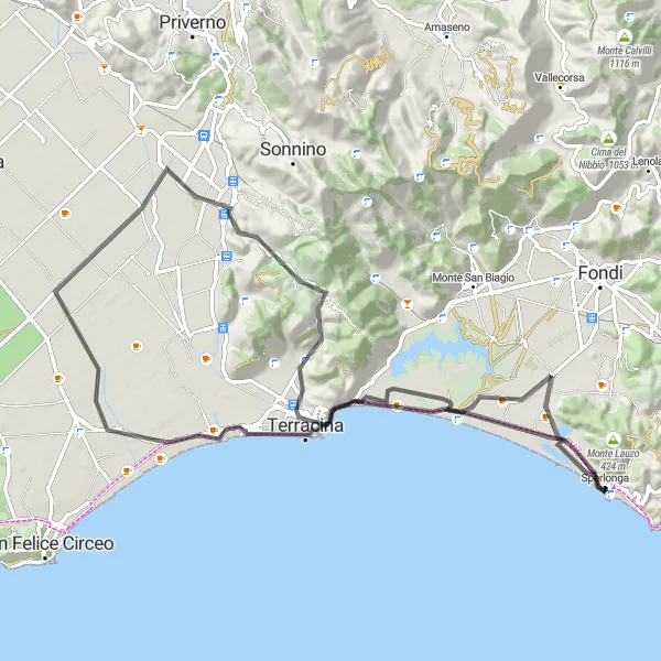 Miniatura della mappa di ispirazione al ciclismo "Giro in bicicletta da Sperlonga a Salto di Fondi" nella regione di Lazio, Italy. Generata da Tarmacs.app, pianificatore di rotte ciclistiche