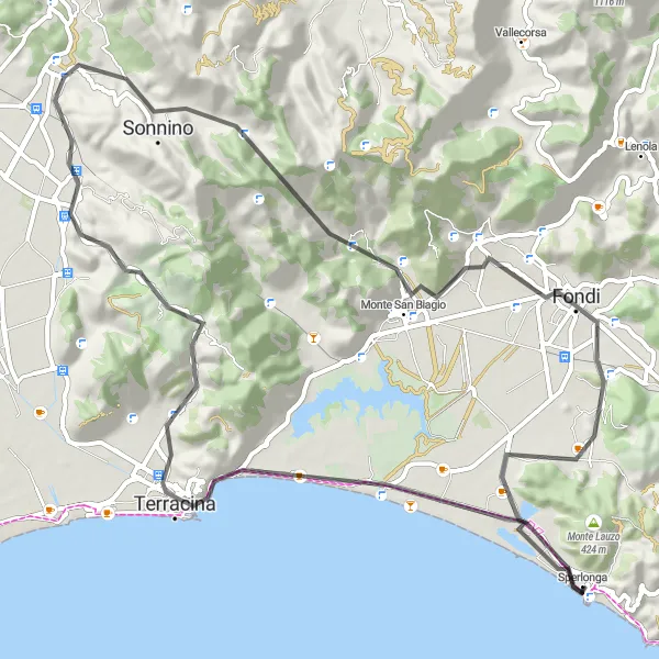 Miniatura della mappa di ispirazione al ciclismo "Tragitto in bicicletta da Sperlonga a Sonnino" nella regione di Lazio, Italy. Generata da Tarmacs.app, pianificatore di rotte ciclistiche