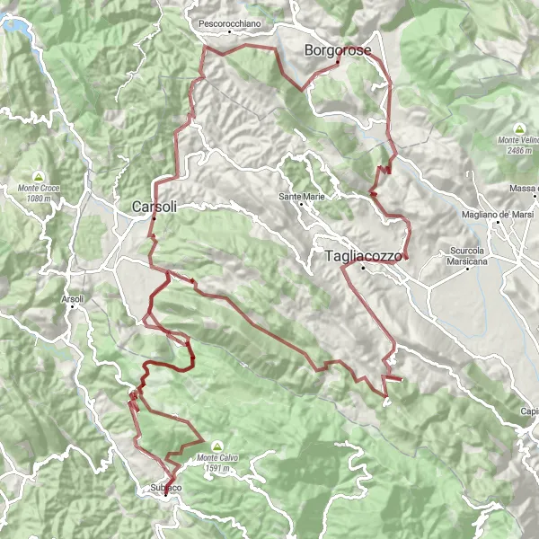 Map miniature of "Subiaco Gravel Adventure" cycling inspiration in Lazio, Italy. Generated by Tarmacs.app cycling route planner