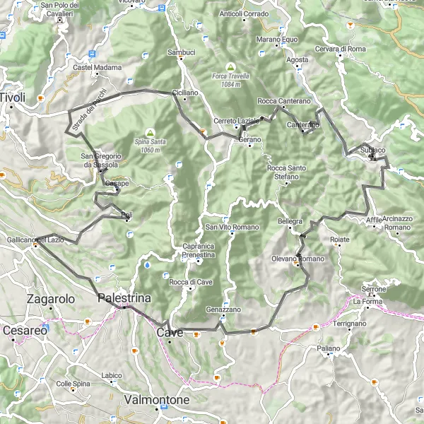 Map miniature of "Subiaco to Colle San Felice Road Cycling Route" cycling inspiration in Lazio, Italy. Generated by Tarmacs.app cycling route planner