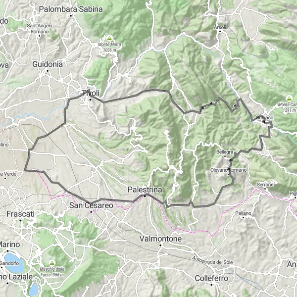 Map miniature of "Subiaco Loop: Exploring the Hills of Lazio" cycling inspiration in Lazio, Italy. Generated by Tarmacs.app cycling route planner