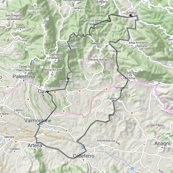 Miniatura della mappa di ispirazione al ciclismo "Esplorazione dei Monti Lepini in bicicletta" nella regione di Lazio, Italy. Generata da Tarmacs.app, pianificatore di rotte ciclistiche