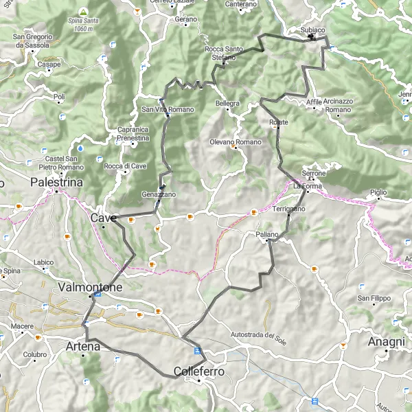 Map miniature of "Subiaco - Roiate - Paliano Loop" cycling inspiration in Lazio, Italy. Generated by Tarmacs.app cycling route planner